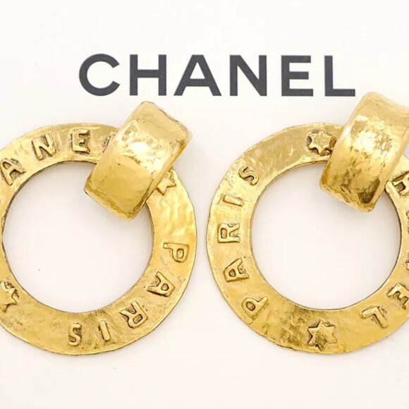 CHANEL PARIS 2 way Round Hoop Earrings Gold Tone 28 Auth w/Box - Picture 9 of 16